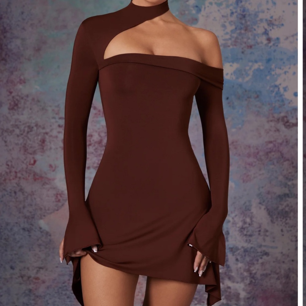 Brown Asymmetric High Neck Mini Dress